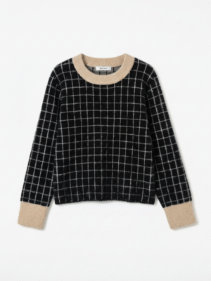 Women's 100% Polyamide Windowpane Check Sweater Black Beige - Soft Brushed Faux Mohair Knitwear Manufacturer OEM China