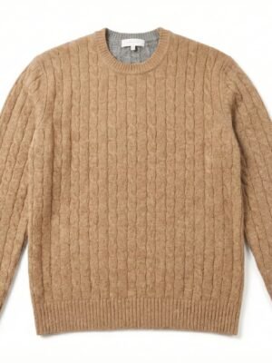 Men's Camel and Grey Color Block Cable Knit Sweater - 80% Wool 20% Nylon 9GG Mid-Weight Knitwear Manufacturer OEM China