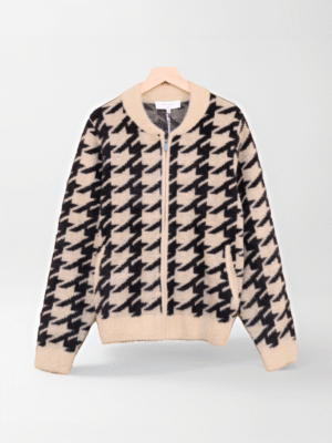 Women's Houndstooth Fancy Yarn Zip Sweater Black Beige - Soft Touch Polyamide Knit Jacket Manufacturer OEM China